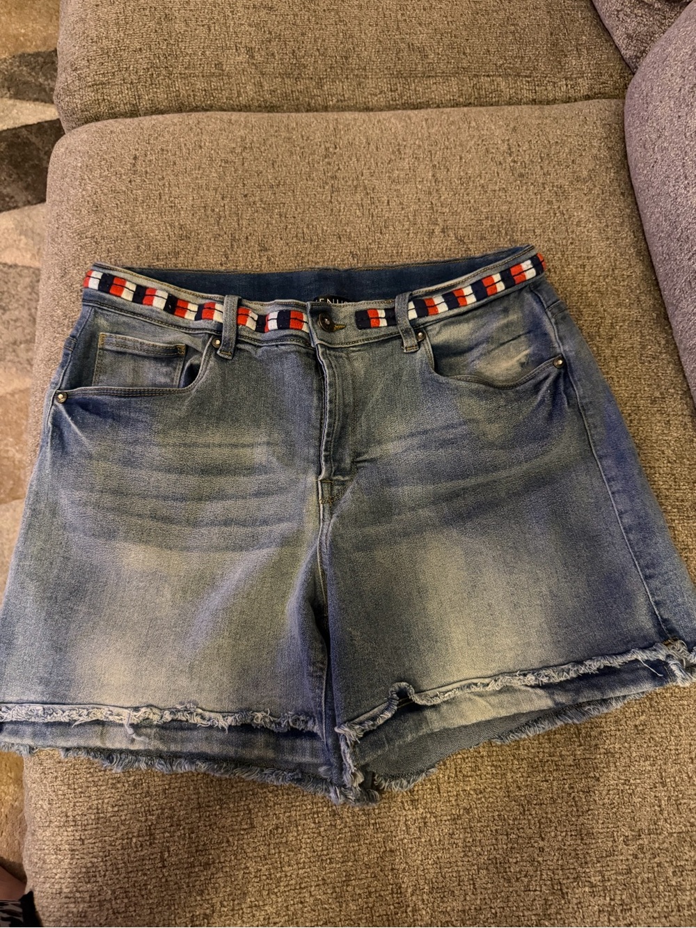 Like New VENUS Distressed Light Blue Denim Shorts with Striped Waistband